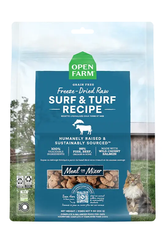 Open Farm - Nourriture Crue Lyophilisée pour Chats au Poulet, Saumon et Surf & Turf Open Farm